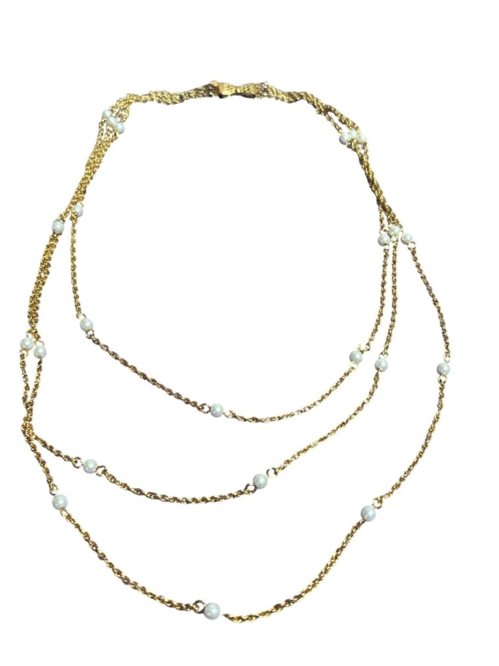 Vintage Goldtone Faux Pearl Station Bead Necklace 3 Strands Bow Box Clasp